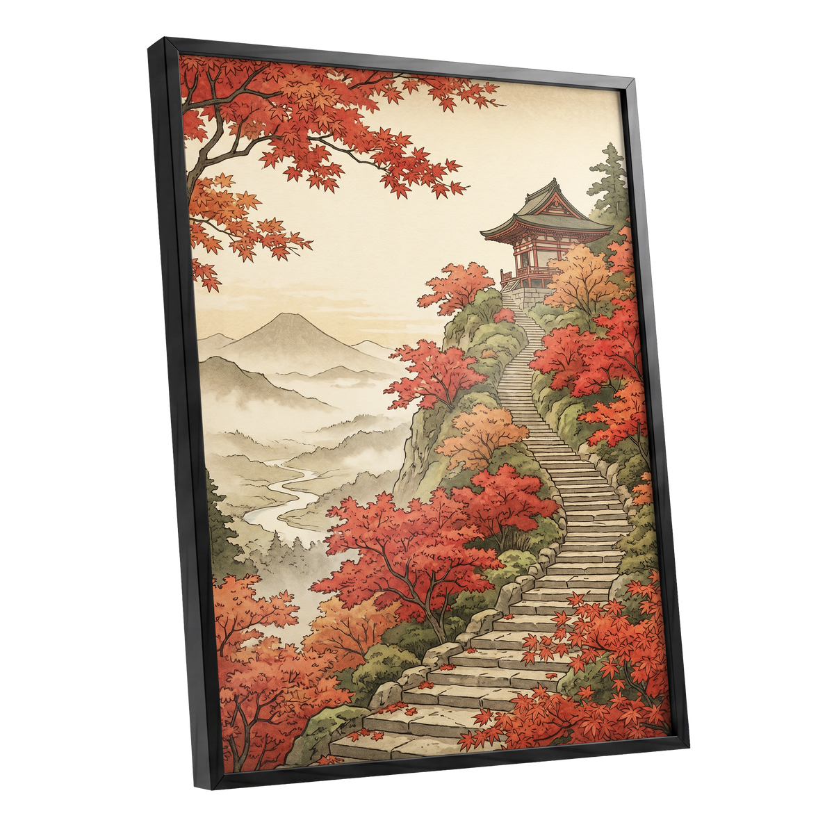 The Maple Ascent, red, orange, green nature wall art shown as a black framed poster wall art print
