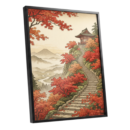 The Maple Ascent, red, orange, green nature wall art shown as a black framed poster wall art print