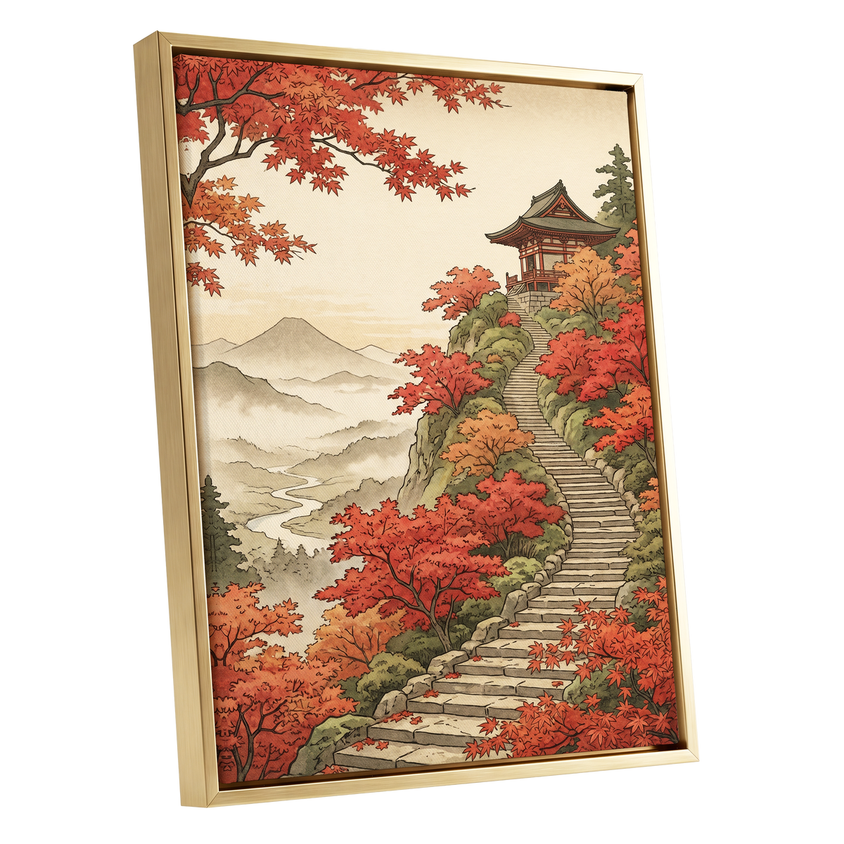The Maple Ascent, red, orange, green nature wall art shown as a gold framed canvas wall art