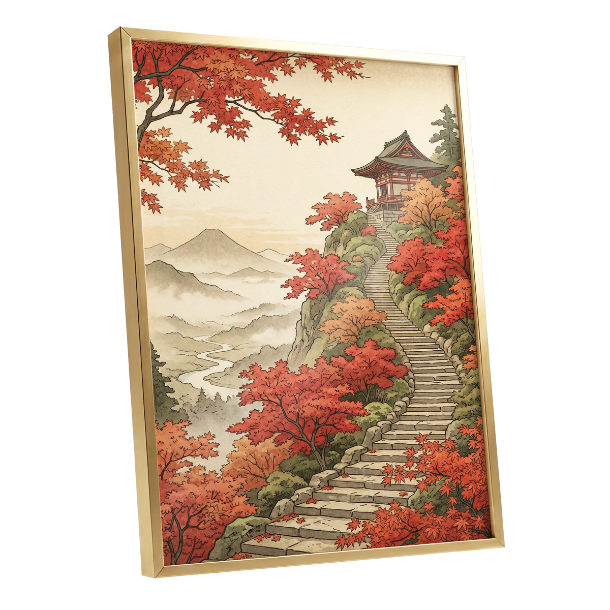 The Maple Ascent, red, orange, green nature wall art shown as a gold framed poster wall art print