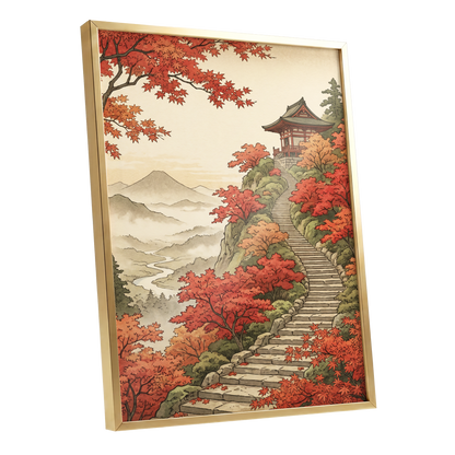 The Maple Ascent, red, orange, green nature wall art shown as a gold framed poster wall art print