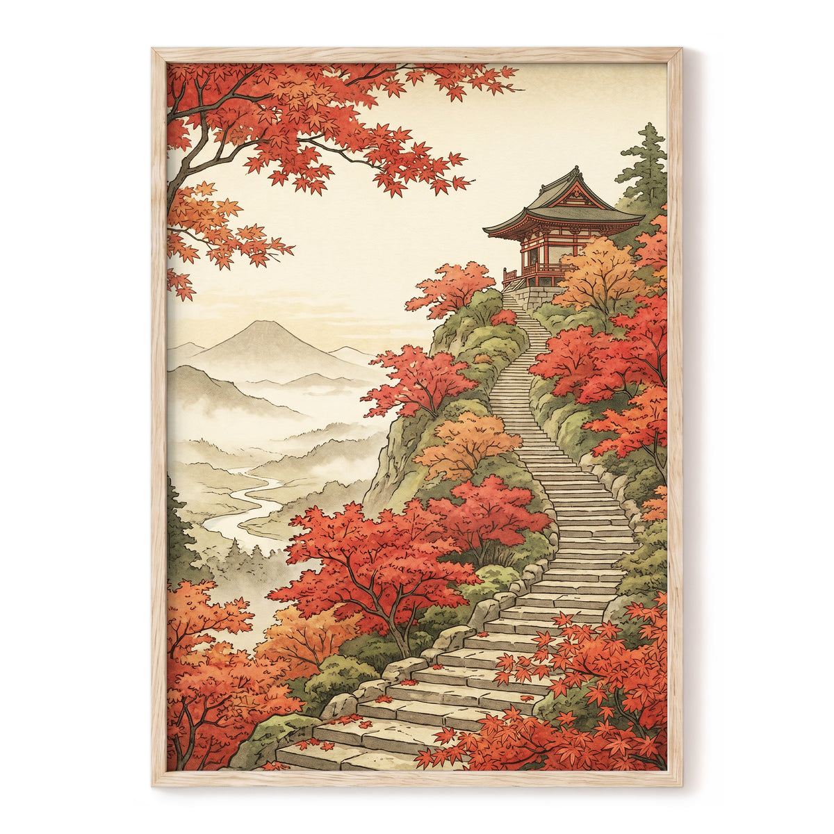 The Maple Ascent, red, orange, green nature wall art, front artwork view