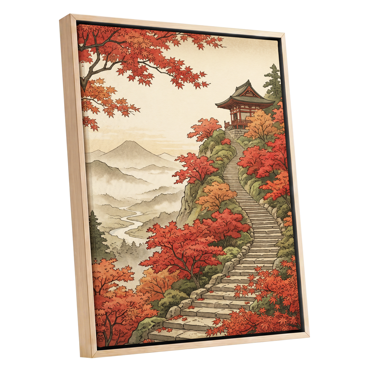 The Maple Ascent, red, orange, green nature wall art shown as a oak framed canvas wall art