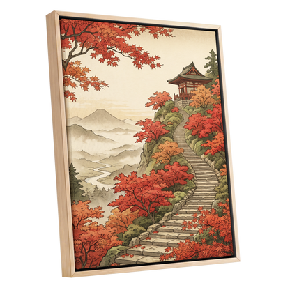 The Maple Ascent, red, orange, green nature wall art shown as a oak framed canvas wall art