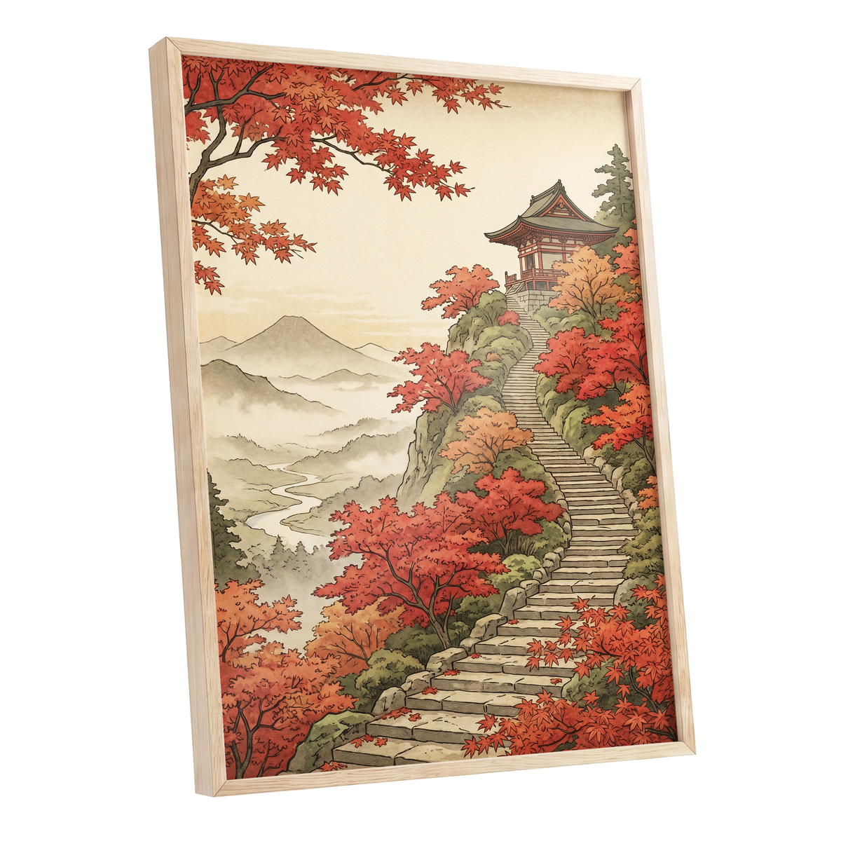 The Maple Ascent, red, orange, green nature wall art shown as a oak framed poster wall art print