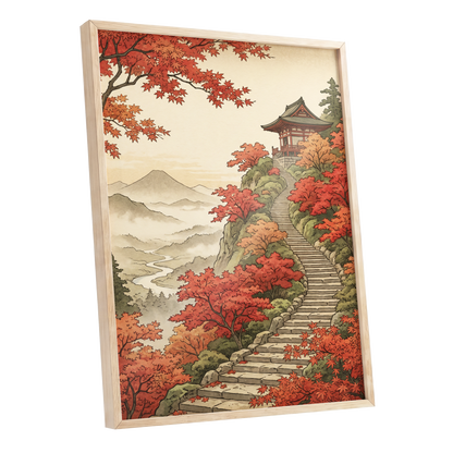 The Maple Ascent, red, orange, green nature wall art shown as a oak framed poster wall art print