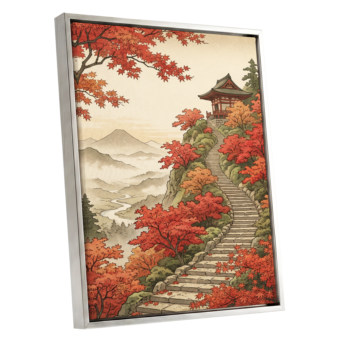 The Maple Ascent, red, orange, green nature wall art shown as a silver framed canvas wall art