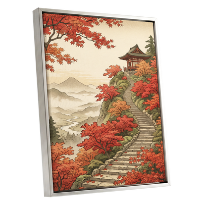 The Maple Ascent, red, orange, green nature wall art shown as a silver framed canvas wall art