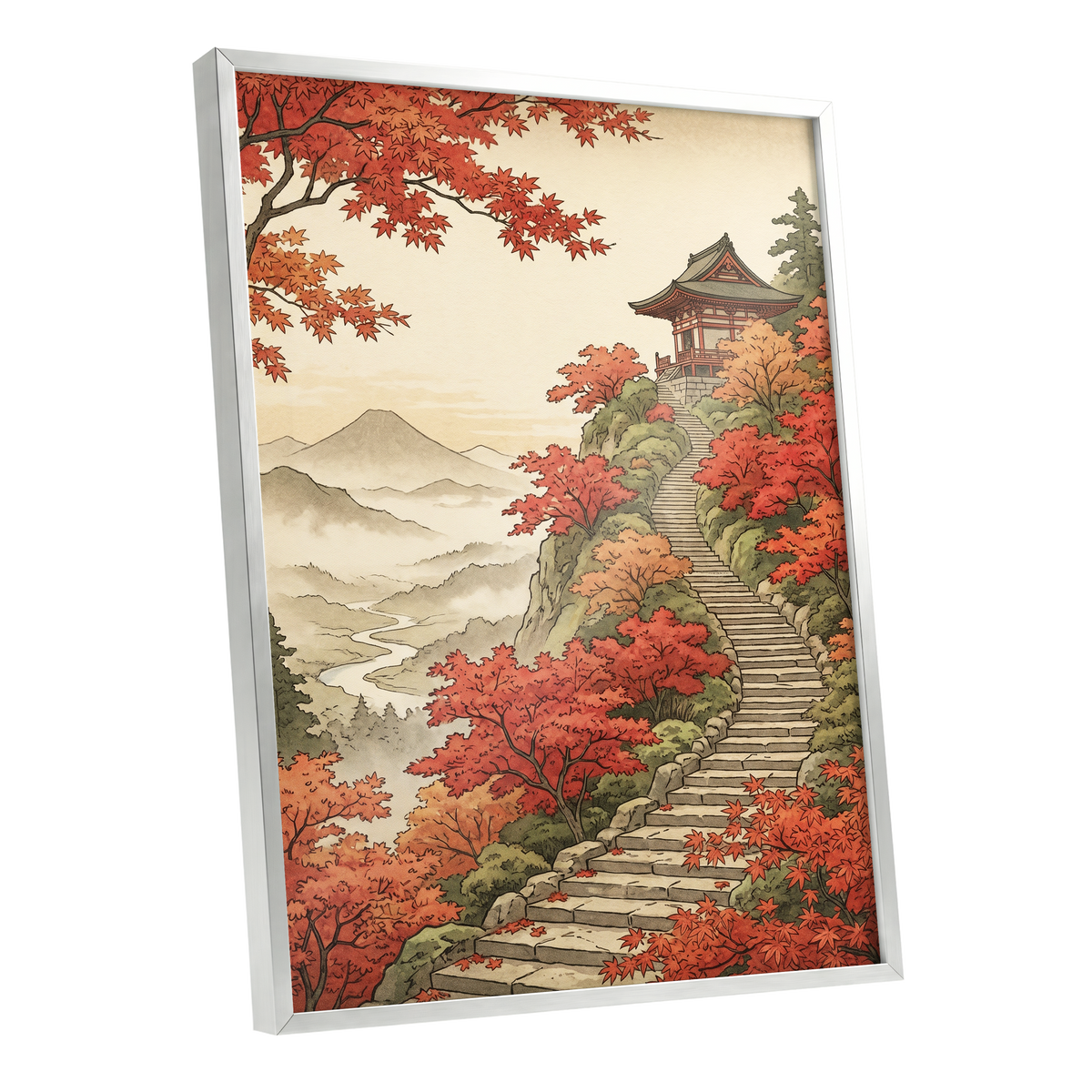 The Maple Ascent, red, orange, green nature wall art shown as a silver framed poster wall art print