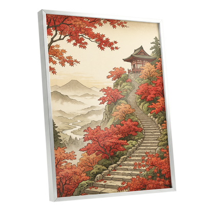 The Maple Ascent, red, orange, green nature wall art shown as a silver framed poster wall art print