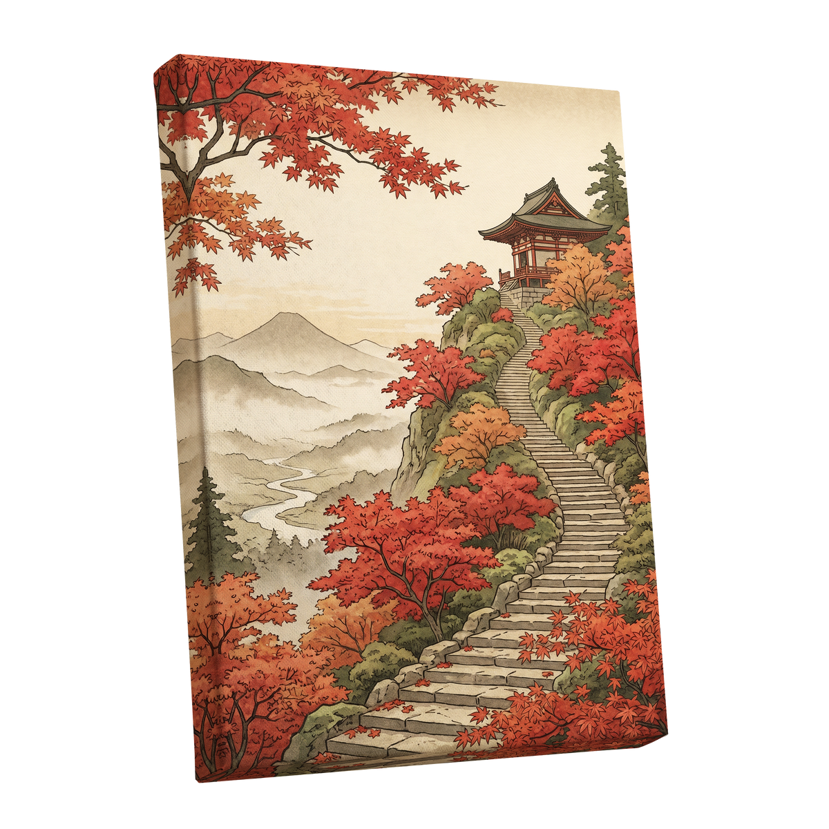 The Maple Ascent, red, orange, green nature wall art shown as a stretched canvas wall art