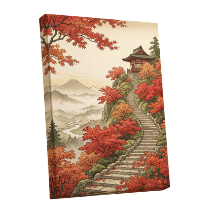 The Maple Ascent, red, orange, green nature wall art shown as a stretched canvas wall art