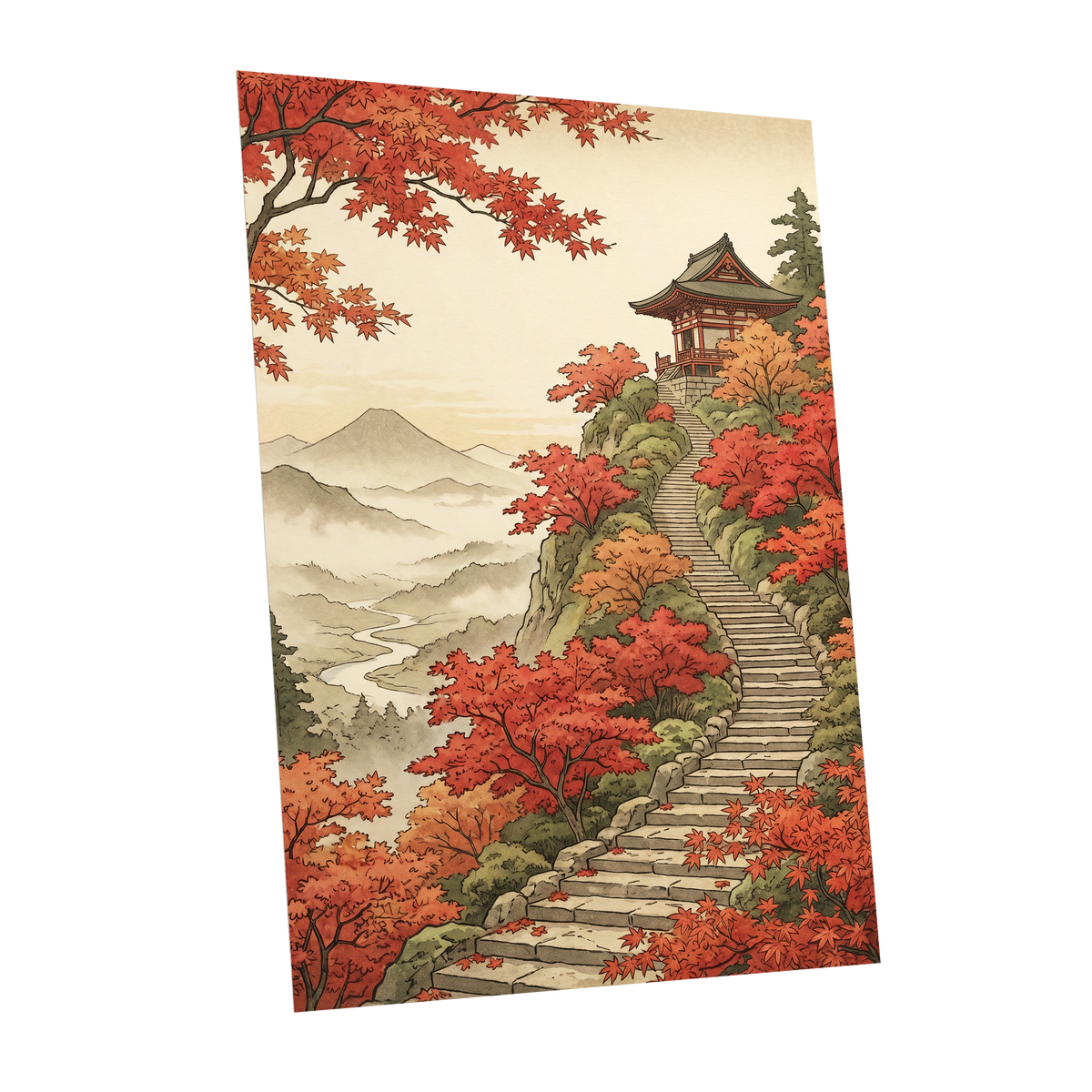 The Maple Ascent, red, orange, green nature wall art shown as a unframed poster wall art print