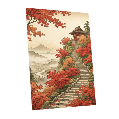 The Maple Ascent, red, orange, green nature wall art shown as a unframed poster wall art print