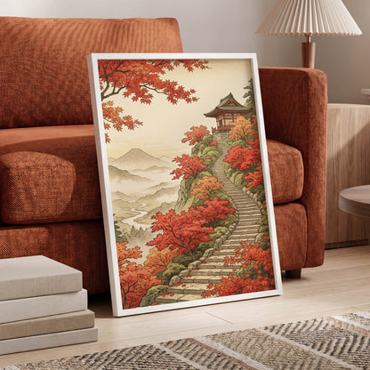 The Maple Ascent, red, orange, green nature wall art displayed in a styled interior, gallery view 2