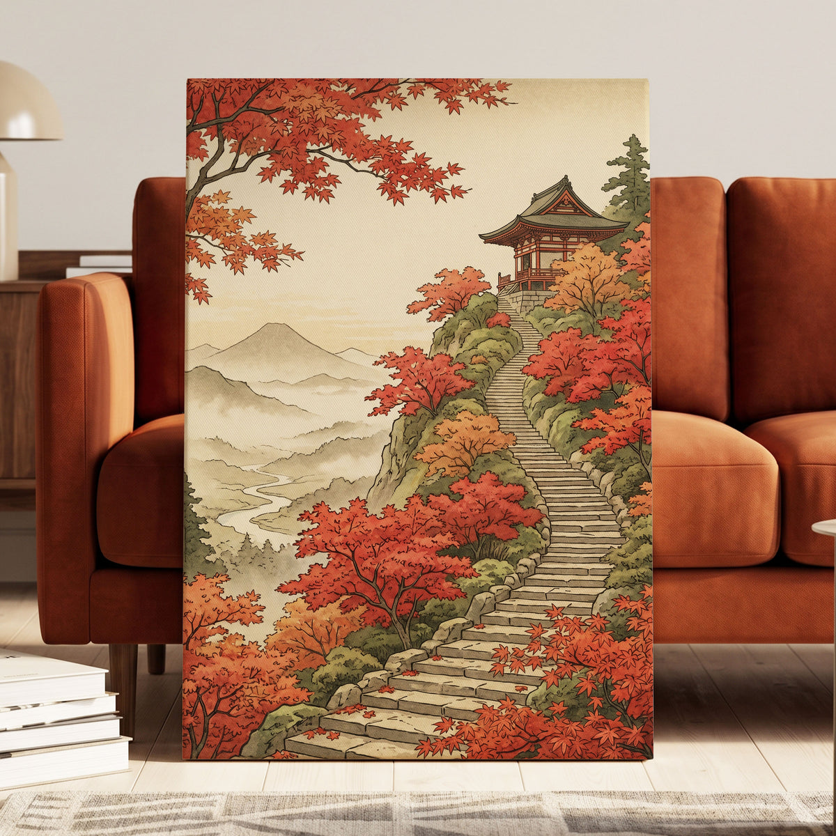 The Maple Ascent, red, orange, green nature wall art displayed in a styled interior, gallery view 3