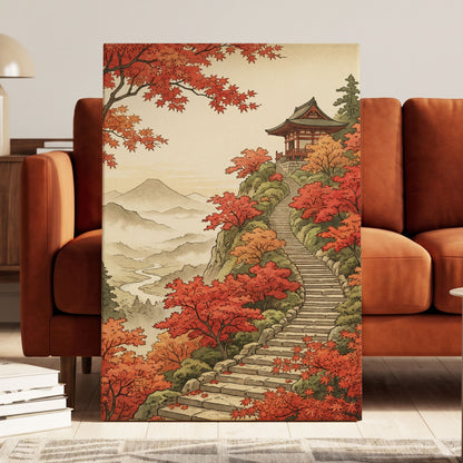 The Maple Ascent, red, orange, green nature wall art displayed in a styled interior, gallery view 3