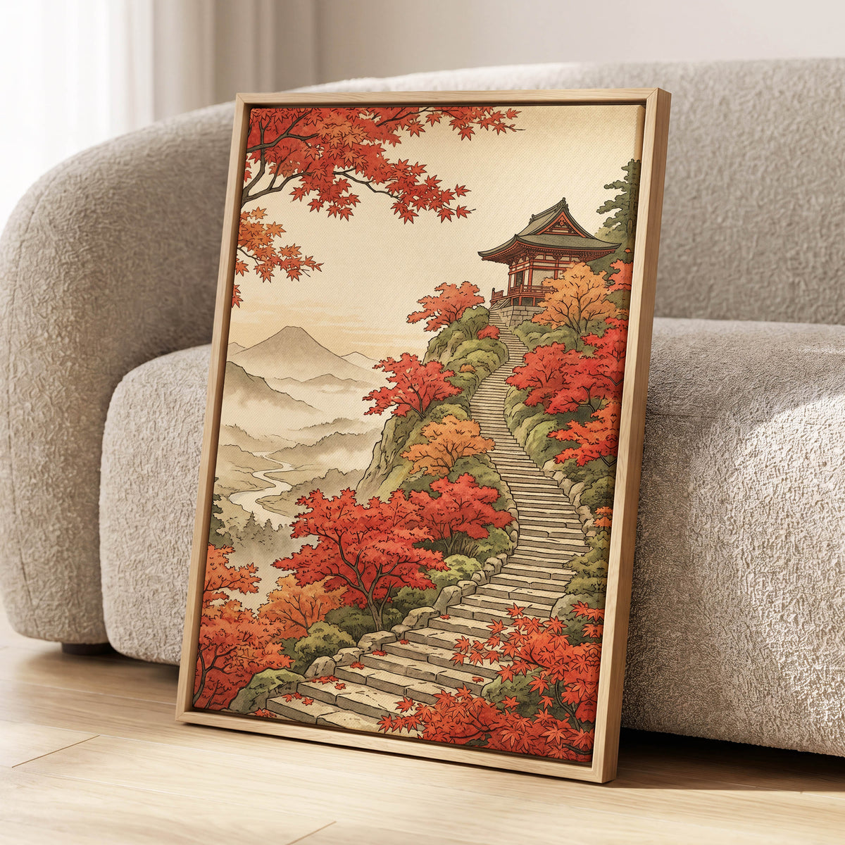 The Maple Ascent, red, orange, green nature wall art displayed in a styled interior, gallery view 4