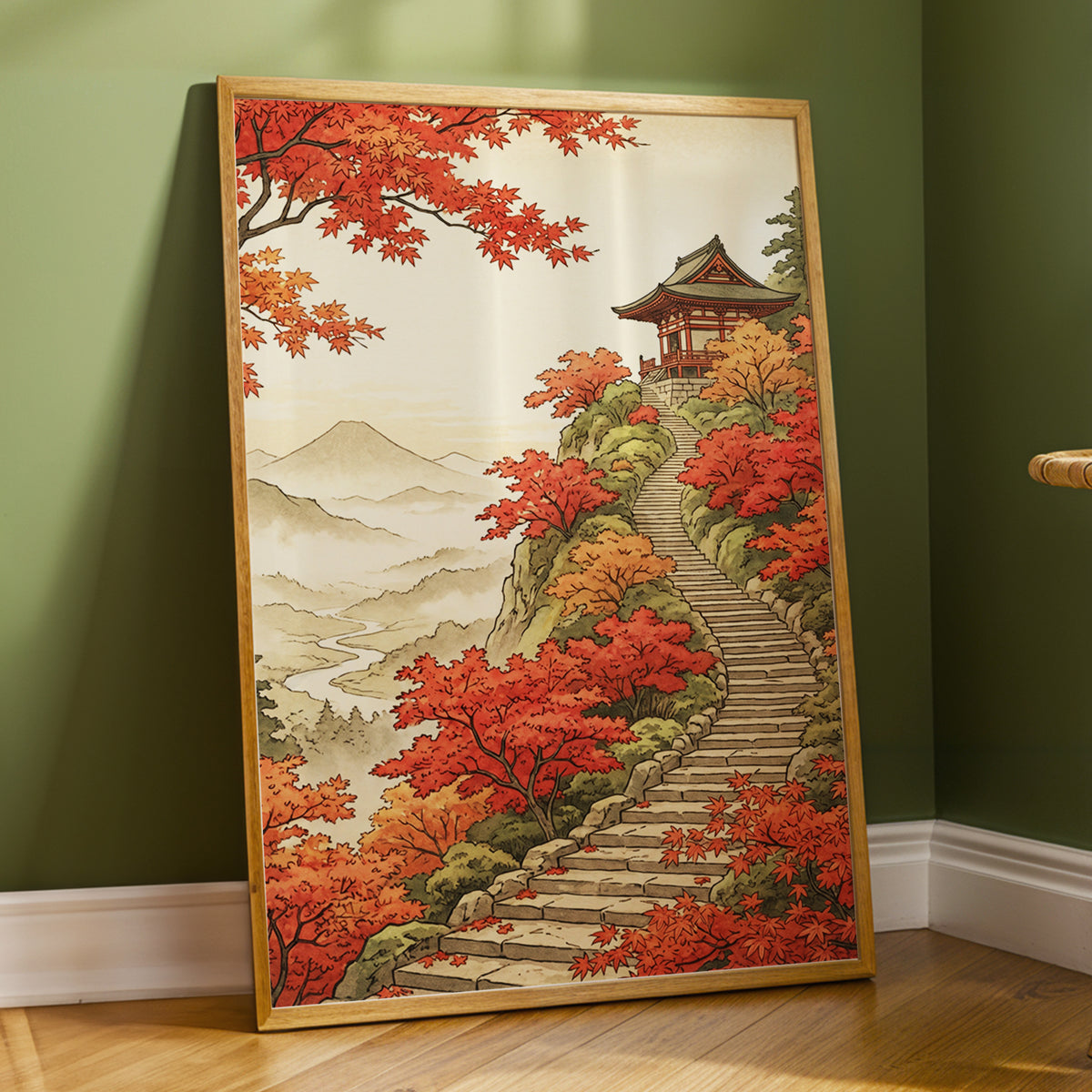 The Maple Ascent, red, orange, green nature wall art displayed in a styled interior, gallery view 6
