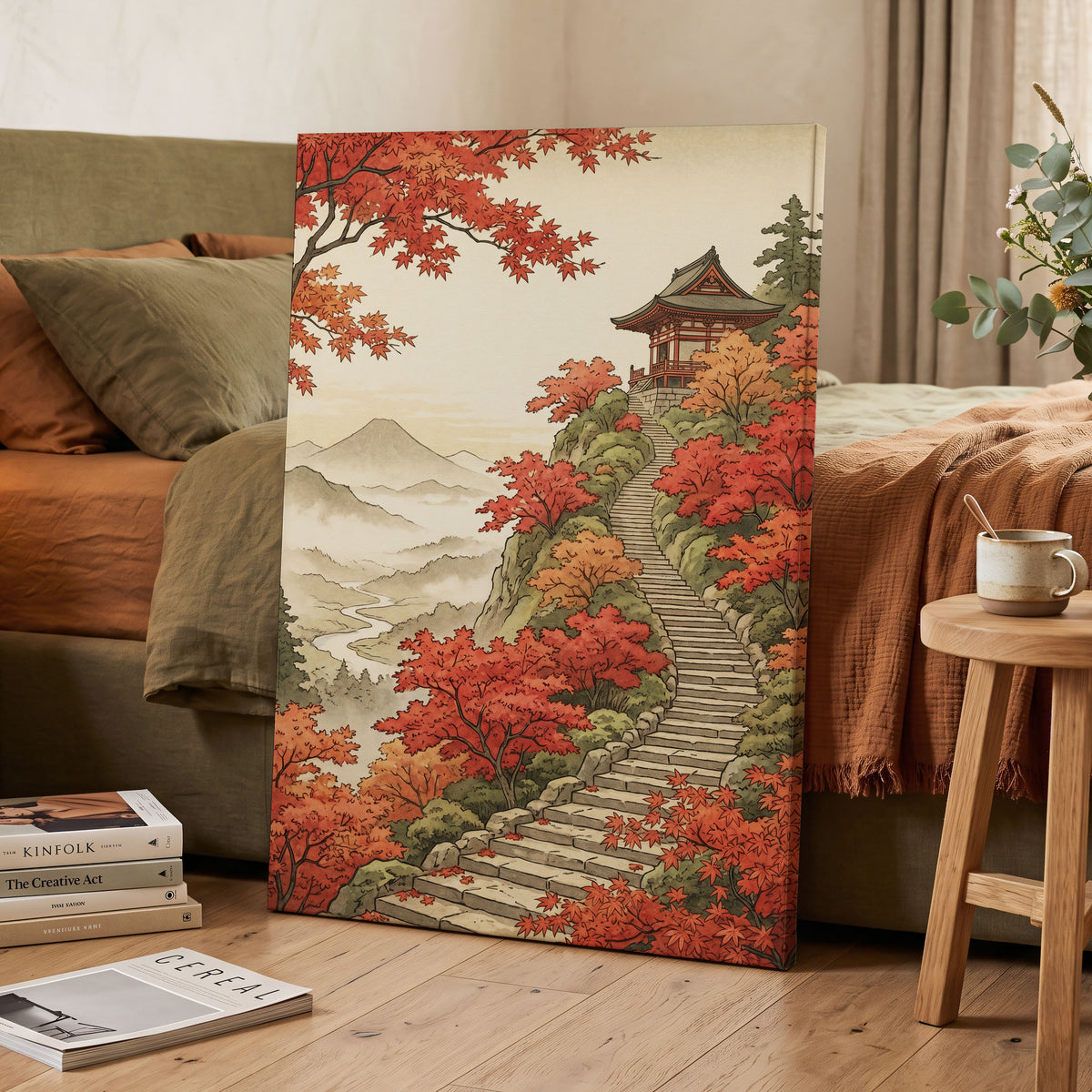 The Maple Ascent, red, orange, green nature wall art displayed in a styled interior, gallery view 7