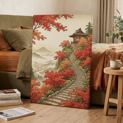 The Maple Ascent, red, orange, green nature wall art displayed in a styled interior, gallery view 7
