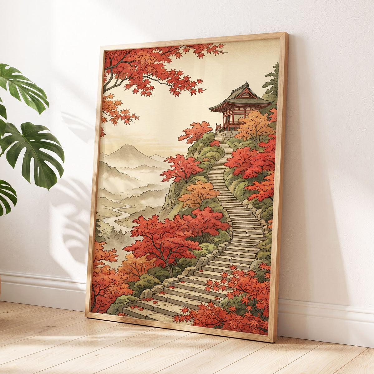The Maple Ascent, red, orange, green nature wall art displayed in a styled interior, gallery view 9
