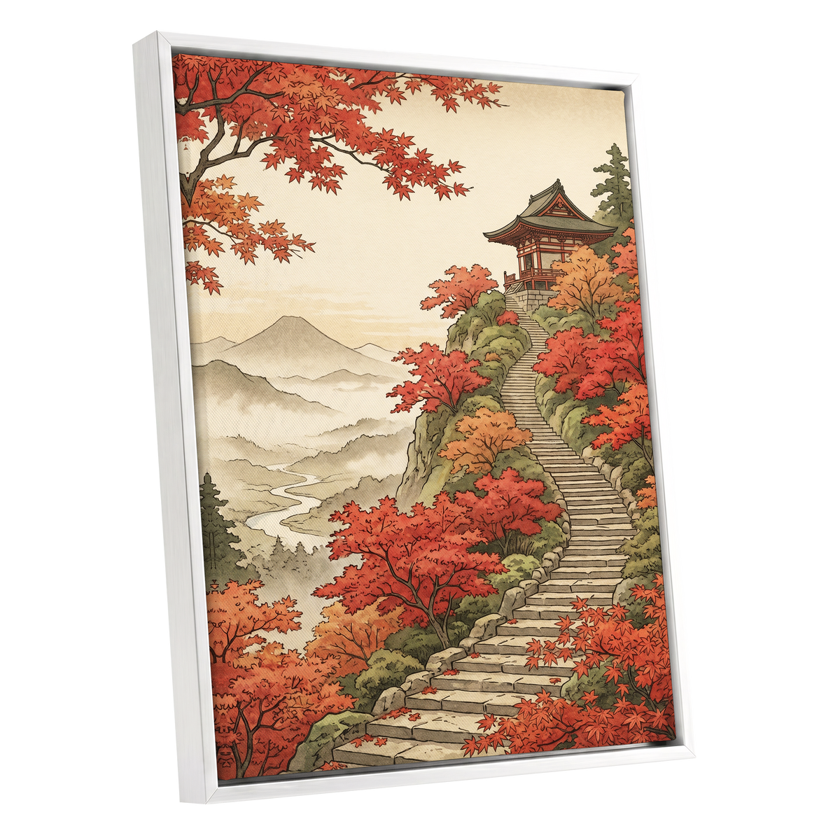 The Maple Ascent, red, orange, green nature wall art shown as a white framed canvas wall art