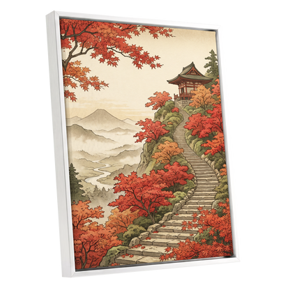 The Maple Ascent, red, orange, green nature wall art shown as a white framed canvas wall art