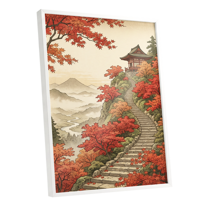 The Maple Ascent, red, orange, green nature wall art shown as a white framed poster wall art print