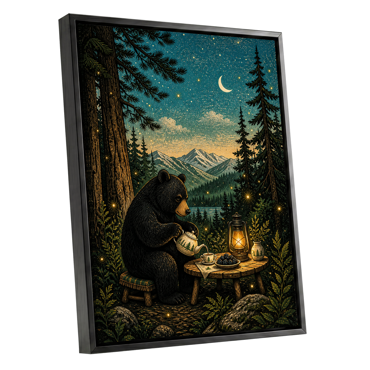 The Midnight Tea Bear, black, green, blue nature wall art shown as a black framed canvas wall art