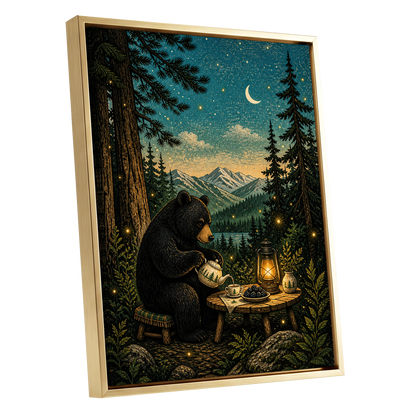 The Midnight Tea Bear, black, green, blue nature wall art shown as a gold framed canvas wall art