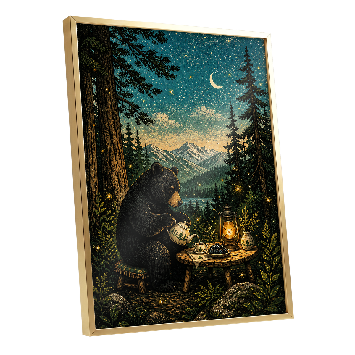 The Midnight Tea Bear, black, green, blue nature wall art shown as a gold framed poster wall art print