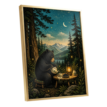 The Midnight Tea Bear, black, green, blue nature wall art shown as a gold framed poster wall art print