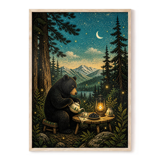 The Midnight Tea Bear, black, green, blue nature wall art, front artwork view