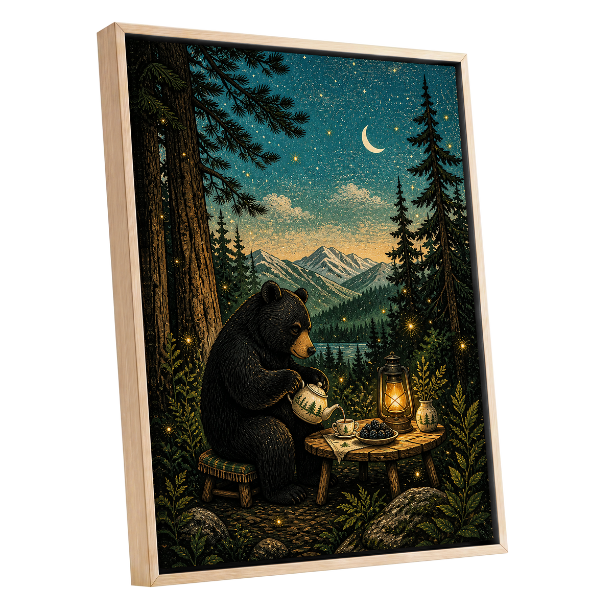 The Midnight Tea Bear, black, green, blue nature wall art shown as a oak framed canvas wall art