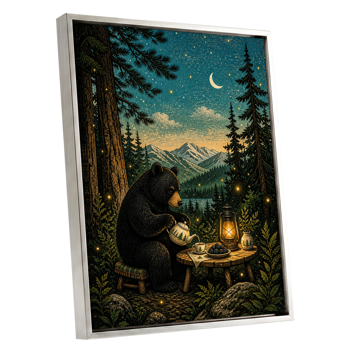 The Midnight Tea Bear, black, green, blue nature wall art shown as a silver framed canvas wall art