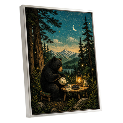 The Midnight Tea Bear, black, green, blue nature wall art shown as a silver framed canvas wall art
