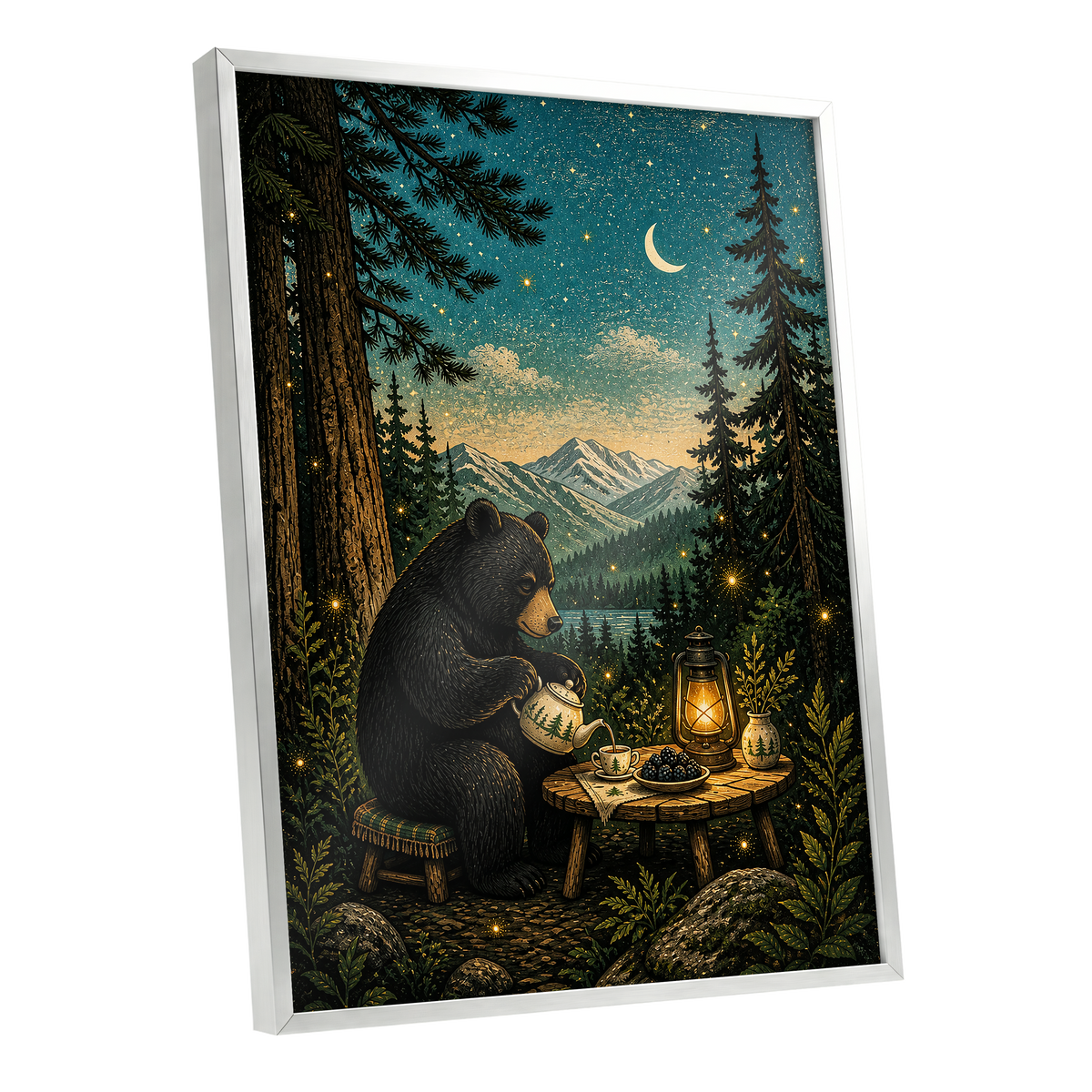 The Midnight Tea Bear, black, green, blue nature wall art shown as a silver framed poster wall art print