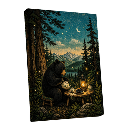 The Midnight Tea Bear, black, green, blue nature wall art shown as a stretched canvas wall art