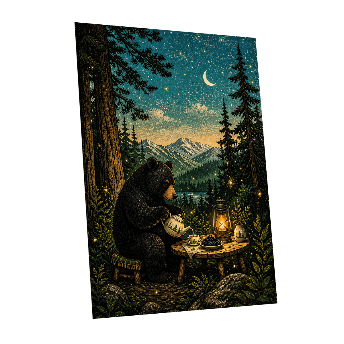 The Midnight Tea Bear, black, green, blue nature wall art shown as a unframed poster wall art print