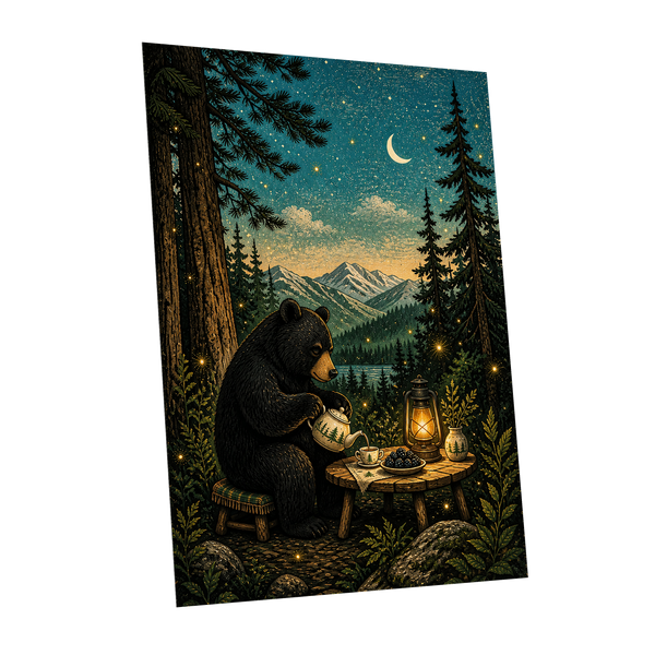 The Midnight Tea Bear, black, green, blue nature wall art shown as a unframed poster wall art print