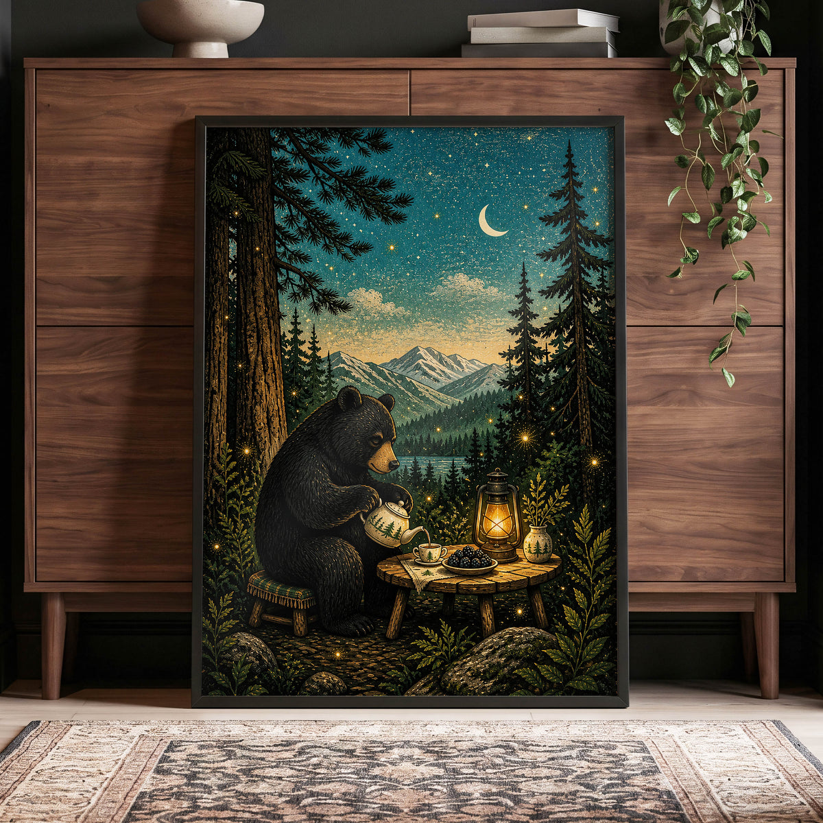 The Midnight Tea Bear, black, green, blue nature wall art displayed in a styled interior, gallery view 2