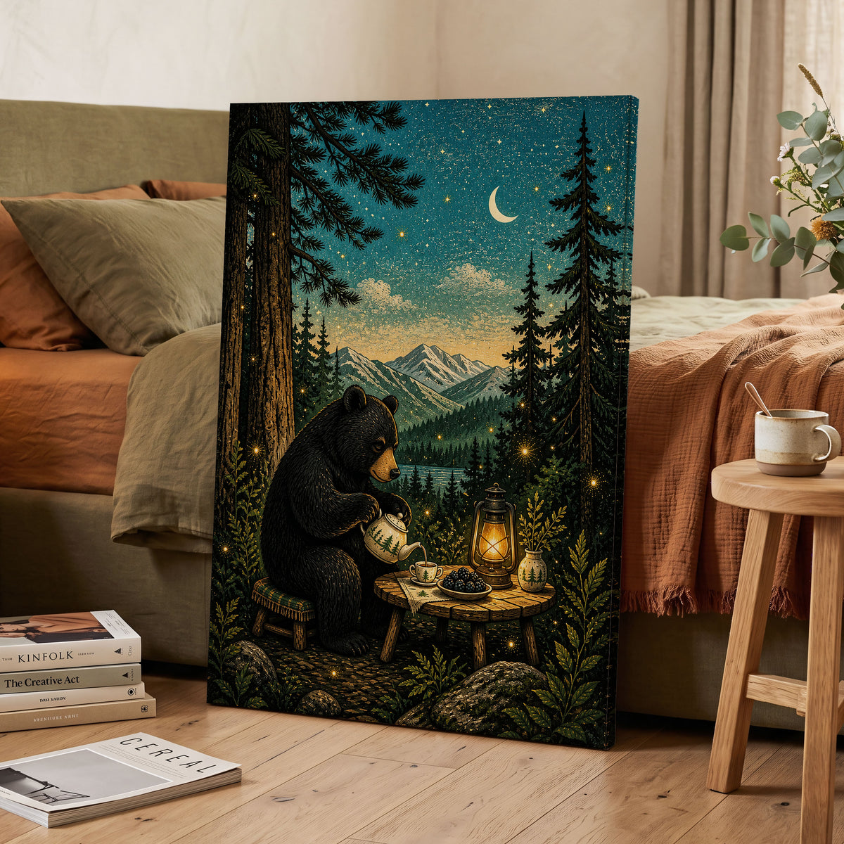 The Midnight Tea Bear, black, green, blue nature wall art displayed in a styled interior, gallery view 3