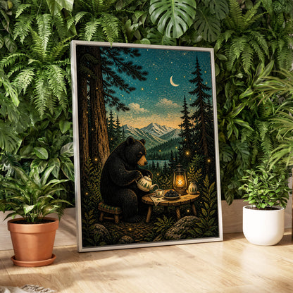 The Midnight Tea Bear, black, green, blue nature wall art displayed in a styled interior, gallery view 4
