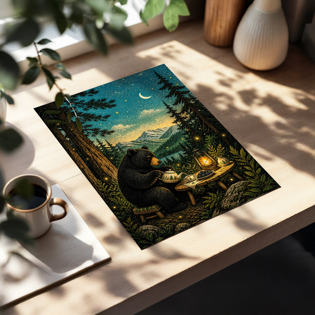 The Midnight Tea Bear, black, green, blue nature wall art displayed in a styled interior, gallery view 5