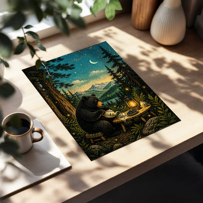 The Midnight Tea Bear, black, green, blue nature wall art displayed in a styled interior, gallery view 5