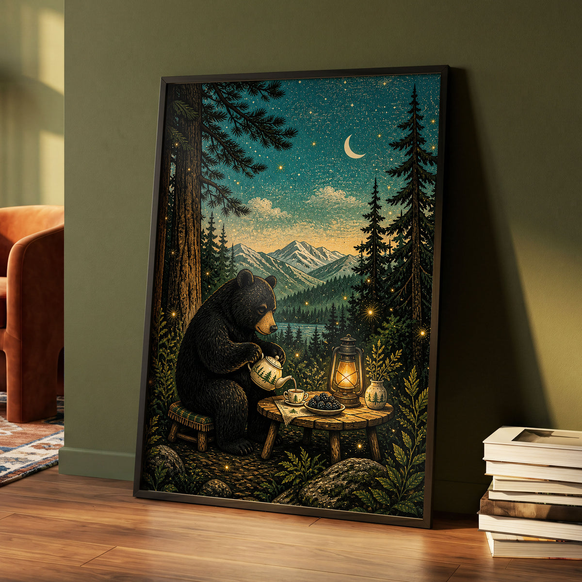 The Midnight Tea Bear, black, green, blue nature wall art displayed in a styled interior, gallery view 6