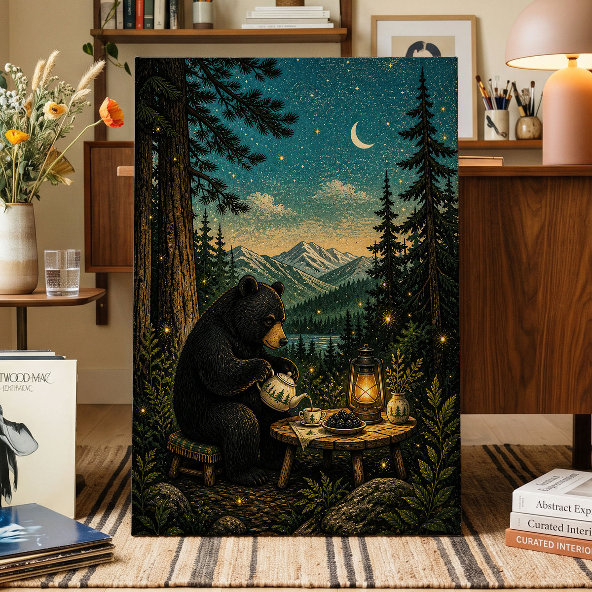 The Midnight Tea Bear, black, green, blue nature wall art displayed in a styled interior, gallery view 7