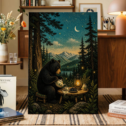 The Midnight Tea Bear, black, green, blue nature wall art displayed in a styled interior, gallery view 7
