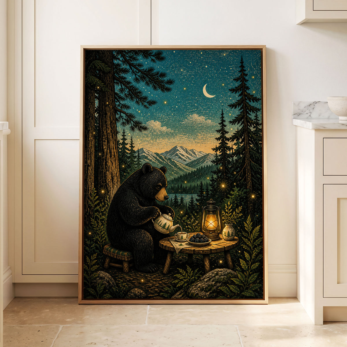 The Midnight Tea Bear, black, green, blue nature wall art displayed in a styled interior, gallery view 8